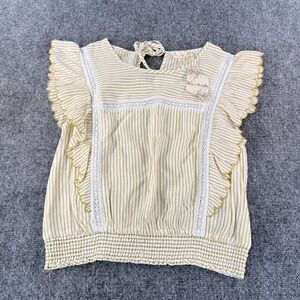 Hem & Thread Boho Mustard Yellow Striped Lace Trim Smocked Flutter Sleeve M